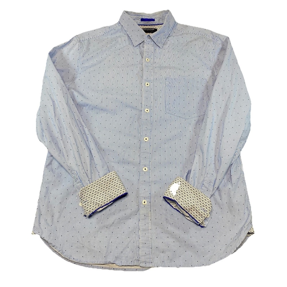 Denim and Flower Men's Large Long Sleeve Slim Fit Shirt‎ Blue Dotted and Stripes